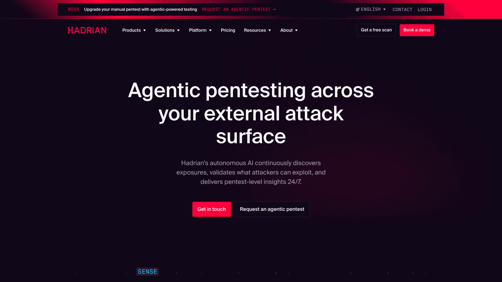 Hadrian homepage with the headline Agentic pentesting across your external attack surface