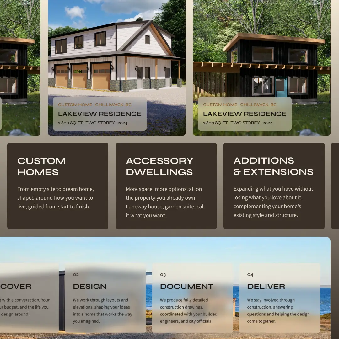 Close-up of the KW Building Design website showing the Lakeview Residence portfolio listings and service category cards.