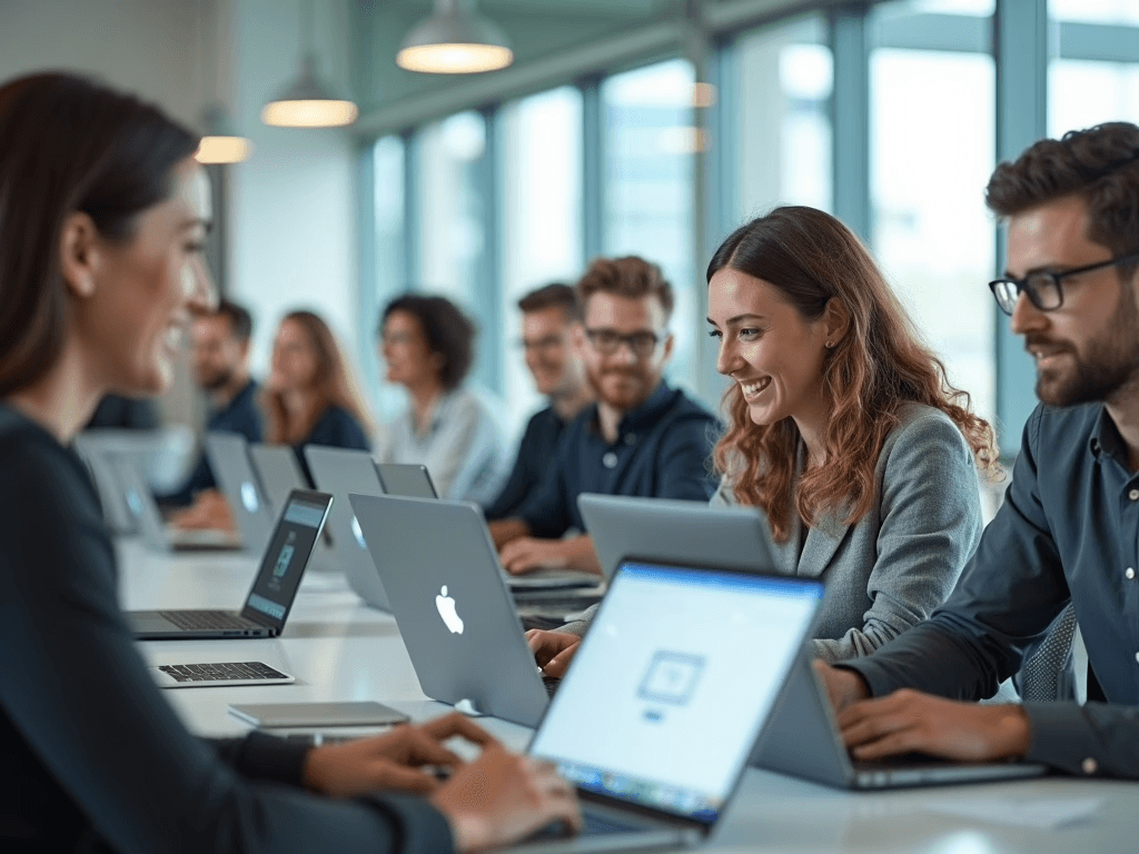 A modern office environment with employees working on various laptops, including Apple, Dell, and Lenovo models. The setting is bright and professional, showcasing productivity and flexibility