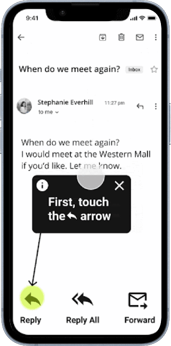 a mockup of an email app with a pop up that says "first, touch the left arrow"