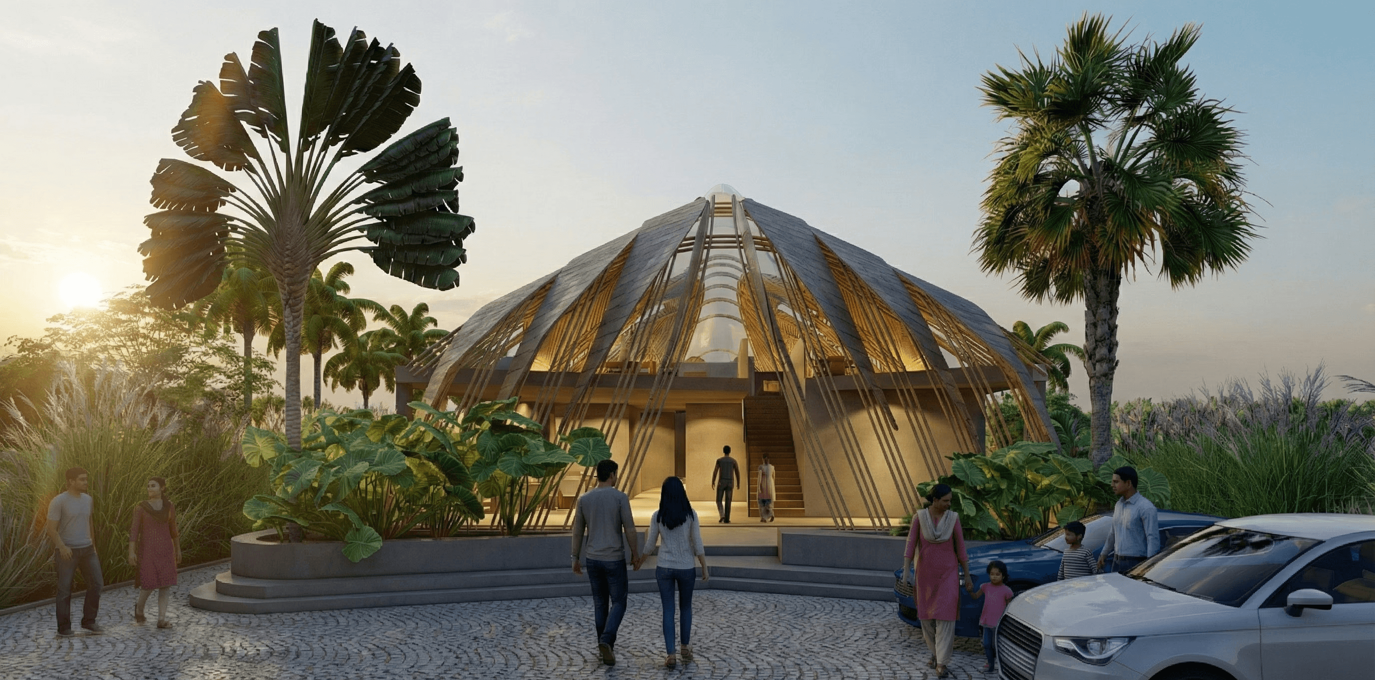 A welcoming threshold where nature, movement, and sculptural architecture come together at golden hour.