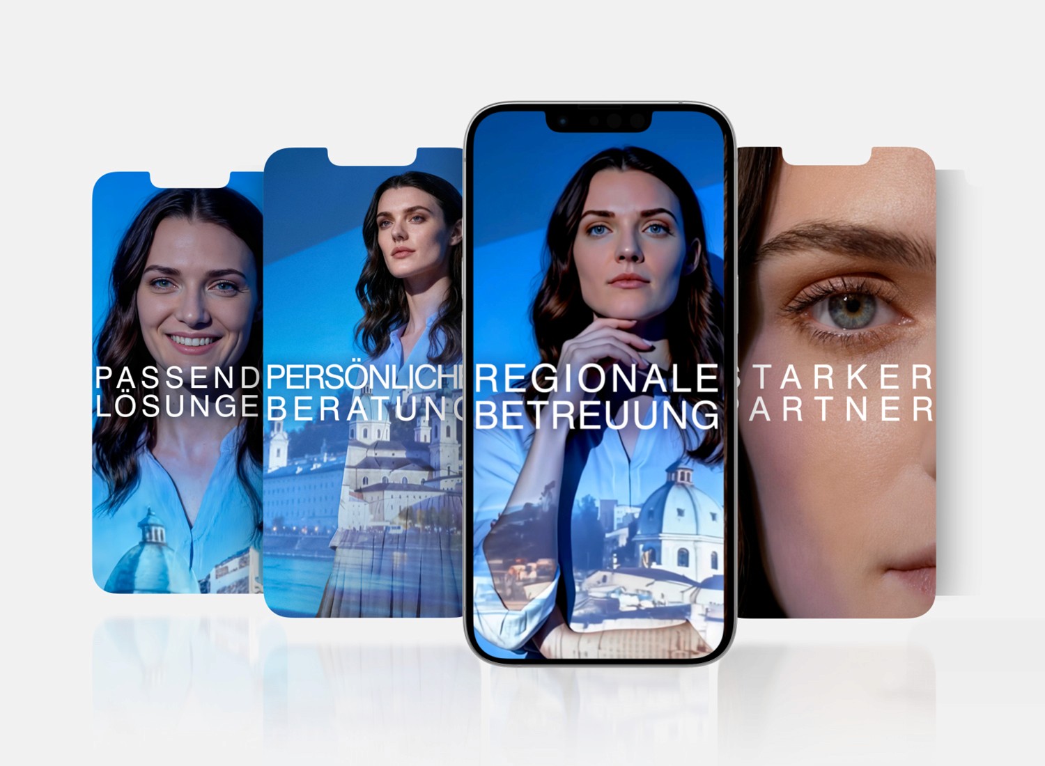 Mockup von verschiedenen Handy-Screens, wo eine Frau zu sehen ist mit verschiedenen Bildausschnitten mit dem Text "Regionale Betreuung" und "Starke Partner" und "Passende Lösungen" und "Persönliche Beratung".