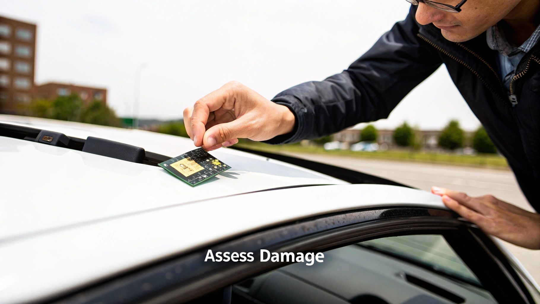 A person holds a green circuit board on a white car roof, appearing to assess damage.