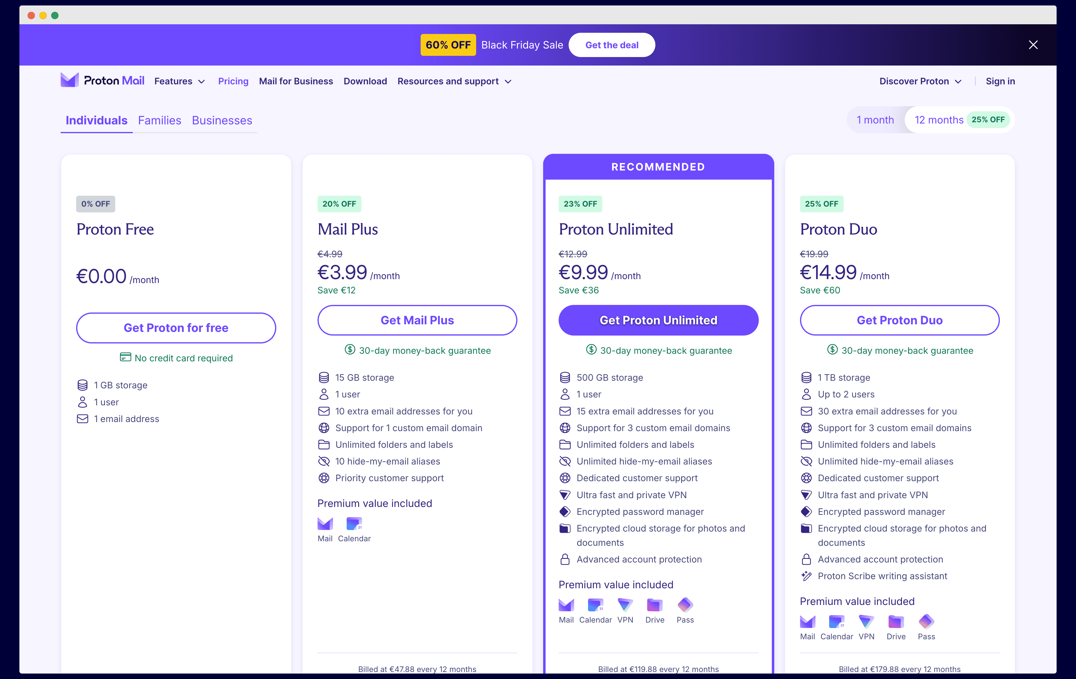 a screenshot of proton mail pricing page