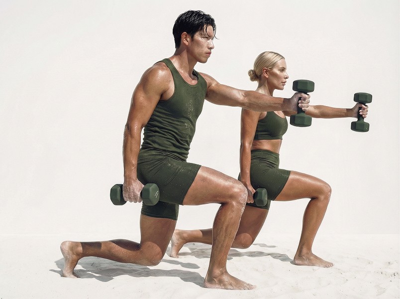 Man and woman performing weighted lunges with dumbbells on sand for a community HIIT class in Lisbon