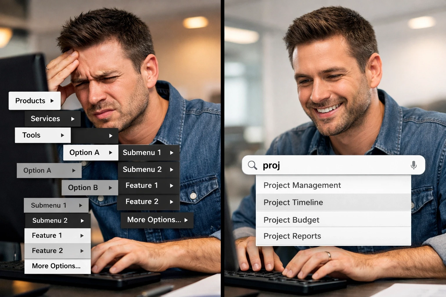User searching website vs struggling with complex navigation menu comparison