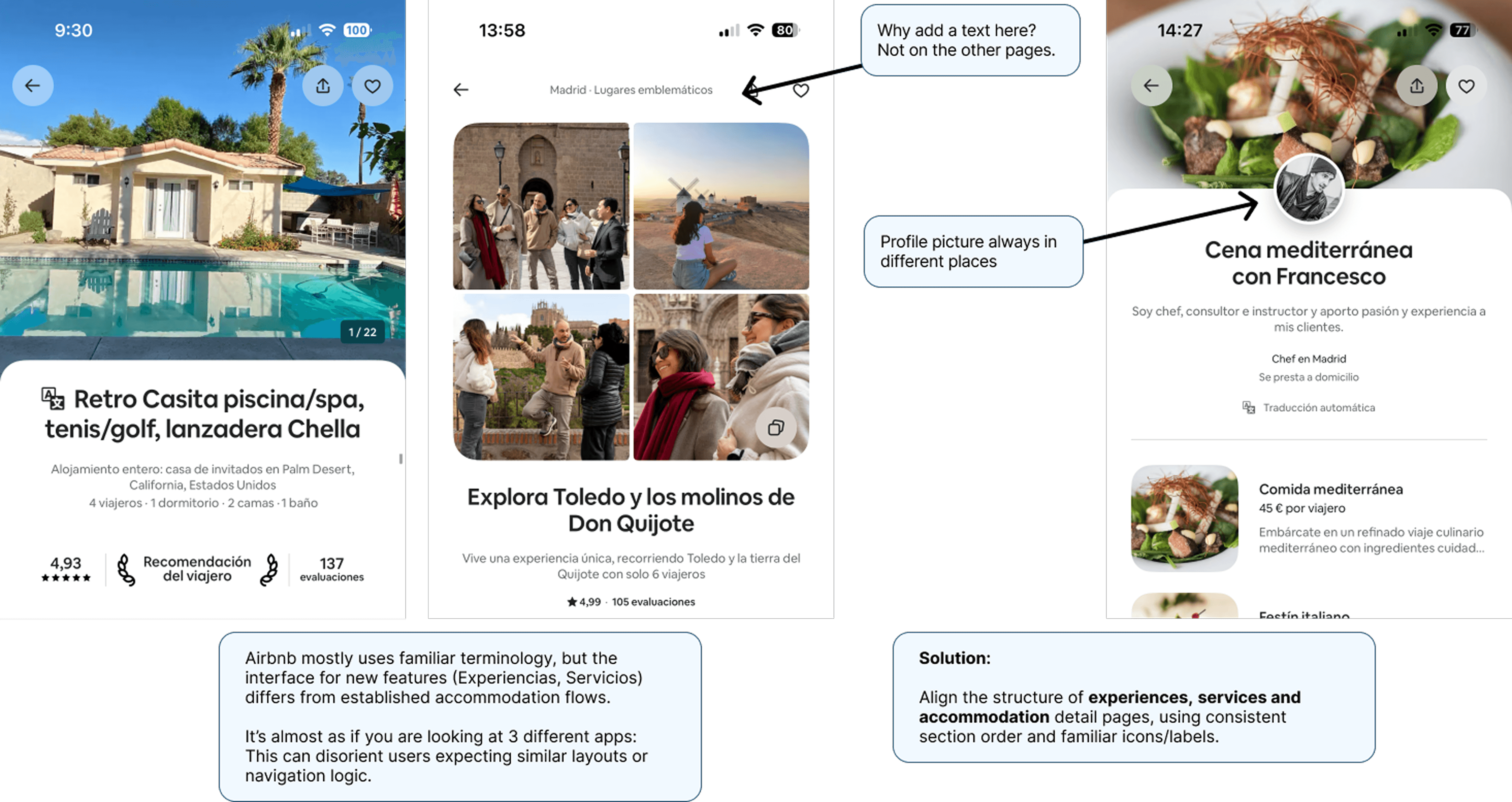 Side-by-side comparison of three Airbnb app detail screens for property, experience, and culinary service, each using different layouts and profile picture placements. Annotation bubbles highlight inconsistencies and suggest aligning detail page structures for better user experience.
