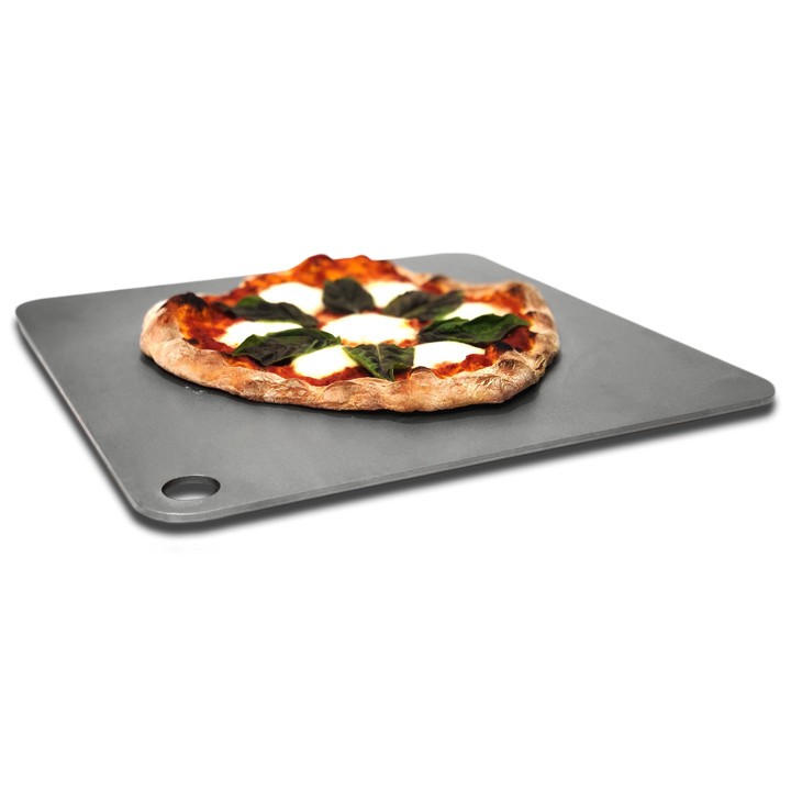 A gourmet pizza on a precision-engineered stainless steel cooking steel, showcasing successful DFM engineering for consumer kitchen products.