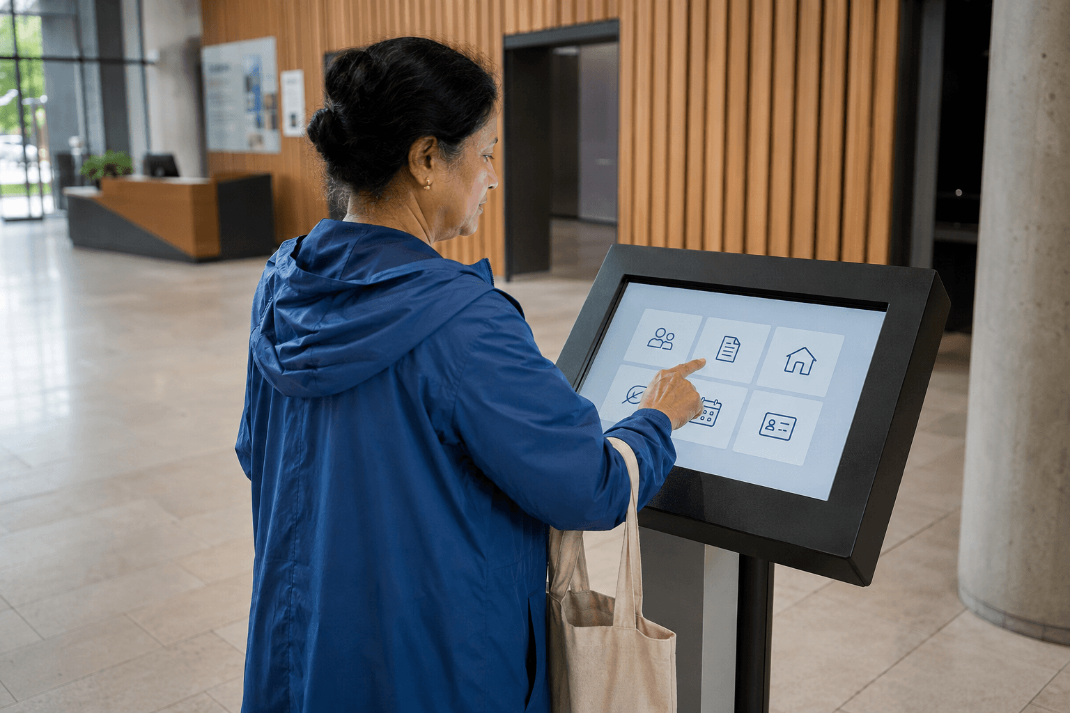 A person uses an information touchscreen in a public building.