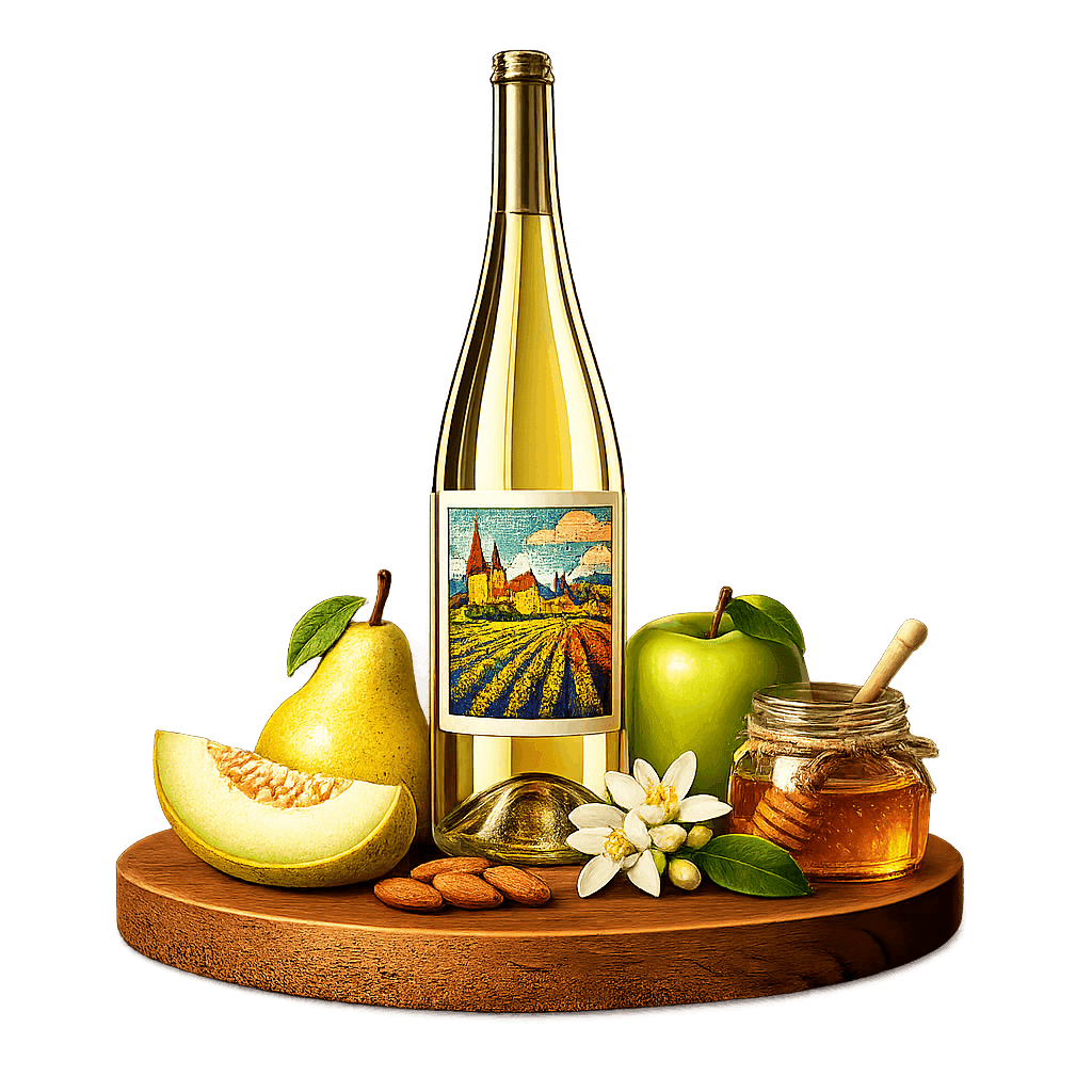 Artistic label and flavor profile for Belgian Auxerrois on a rustic wooden table.