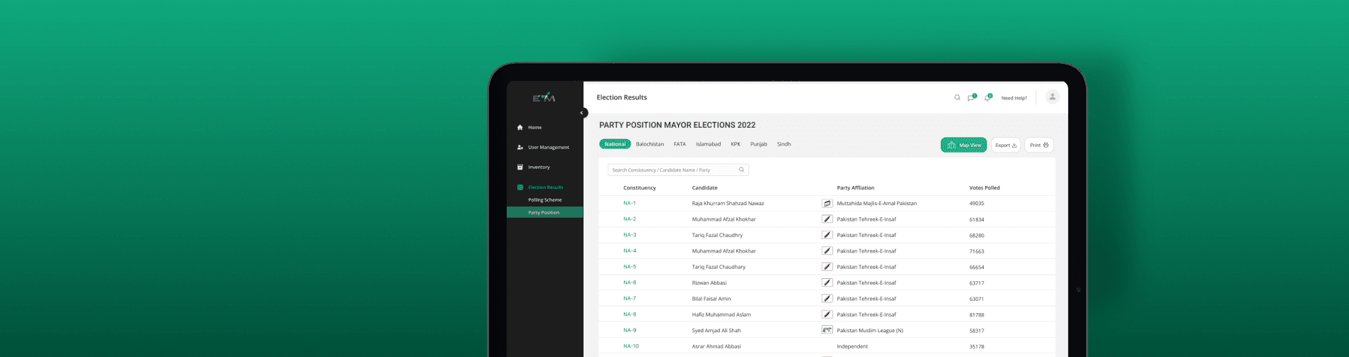 Web dashboard of EMS highlighting secure login portal for election authorities to access live voting data