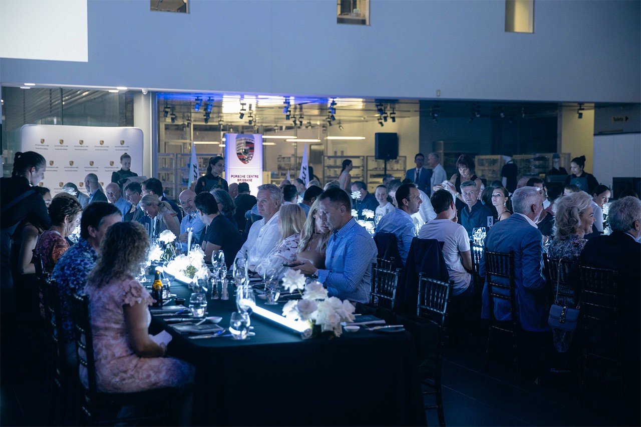 Guests dining at the Porsche Taycan launch event at the Porsche Centre Brisbane