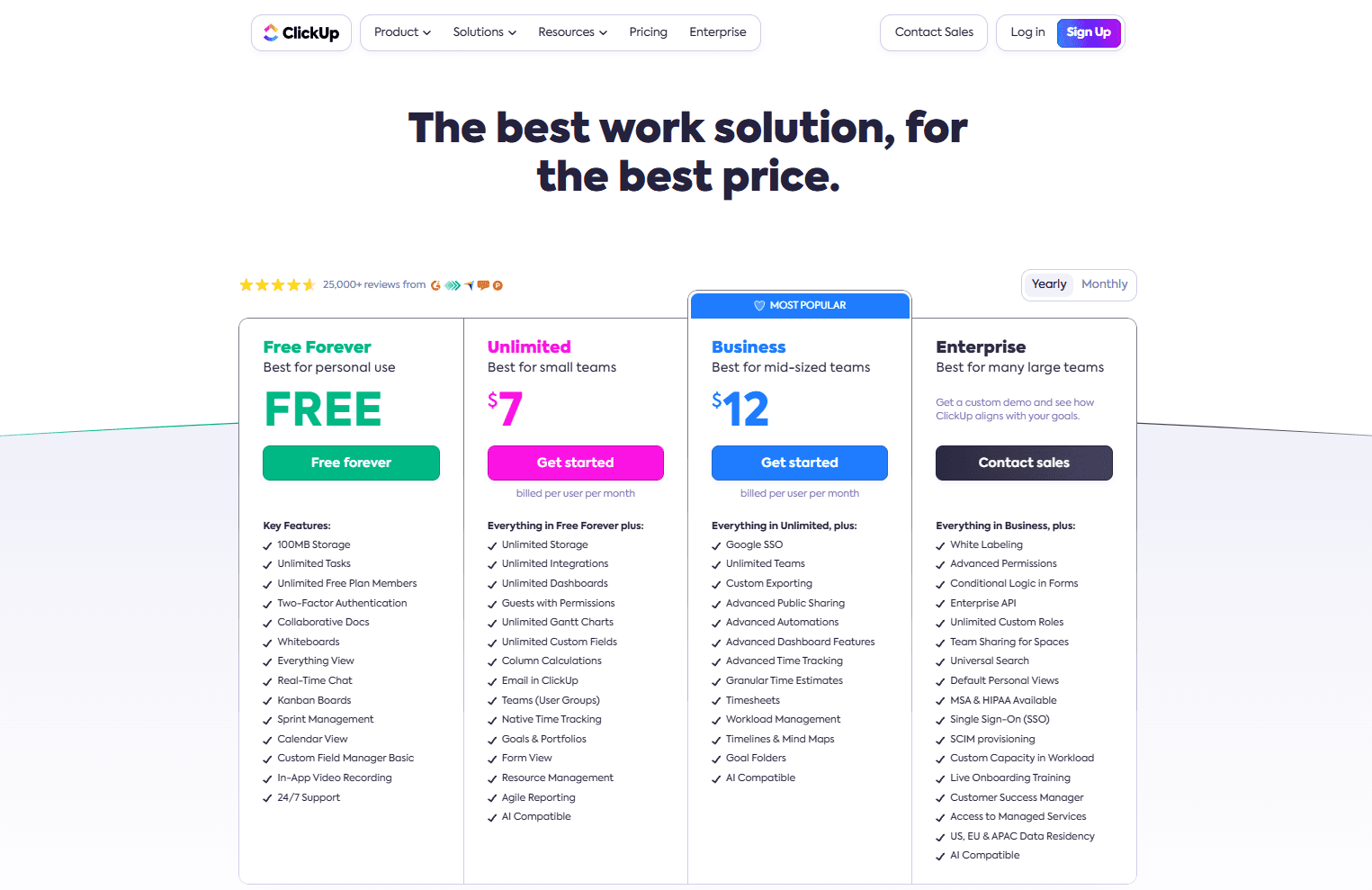 Screenshot of ClickUp's pricing page