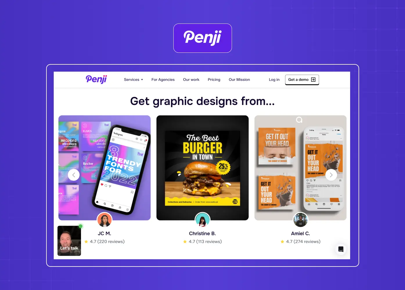 Design service showcase displaying a variety of marketing creatives, social media graphics, and advertising assets.