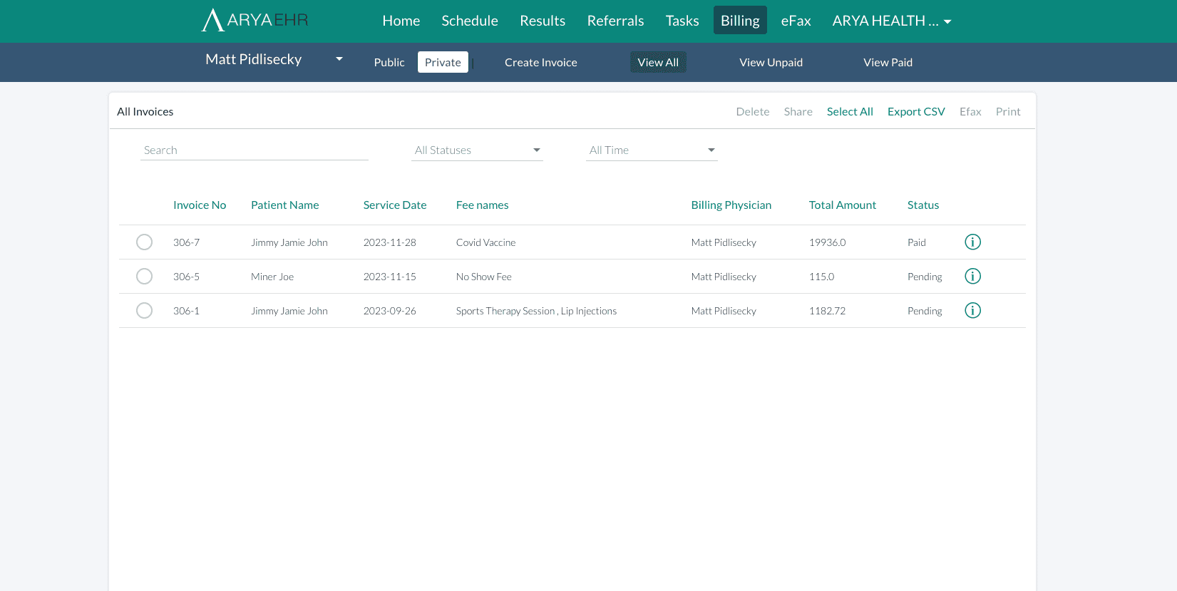 Arya EHR Private Billing