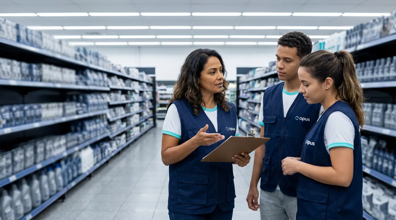 promotores da Opus planejando a operação para o pico de fim de ano no supermercado