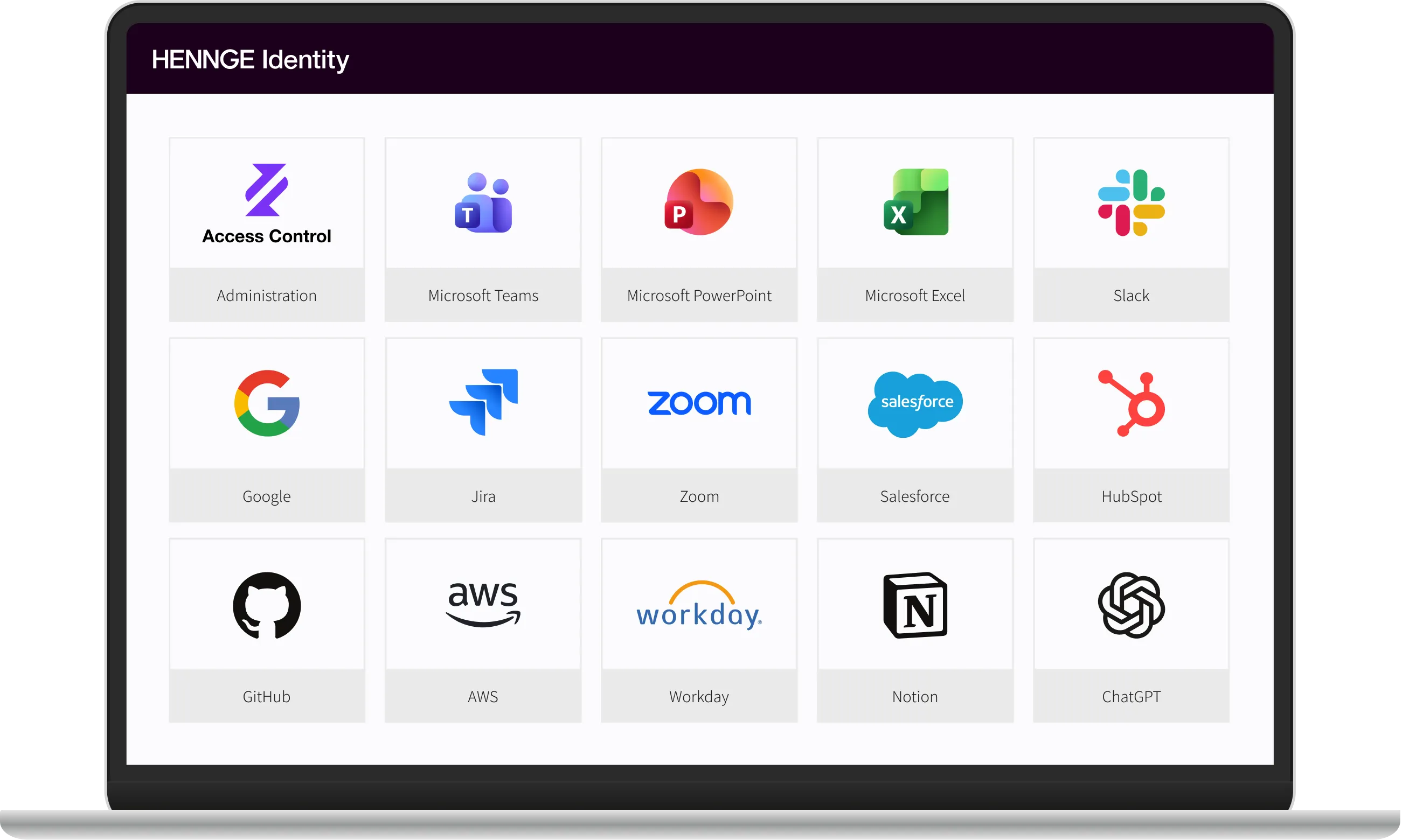 HENNGE Identity app portal on a laptop screen showing connected apps including Microsoft Teams, PowerPoint, Excel, Slack, Google, Jira, Zoom, Salesforce, HubSpot, GitHub, AWS, Workday, Notion, and ChatGPT