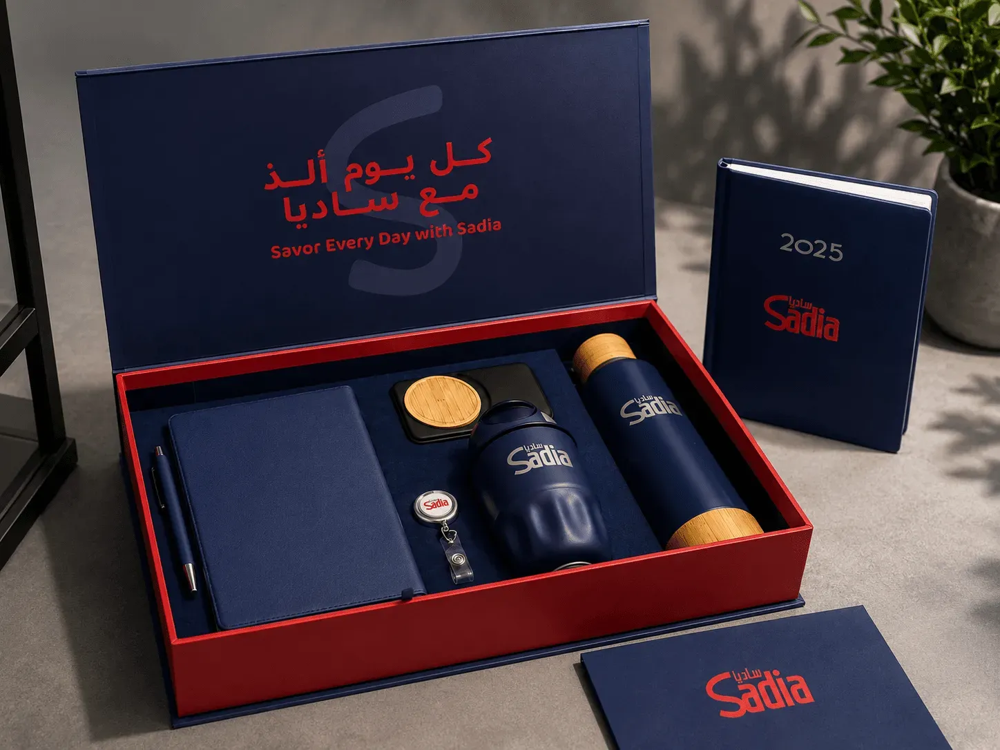 Sadia branded desk organizer with 2026 calendar, sticky notes, and pen