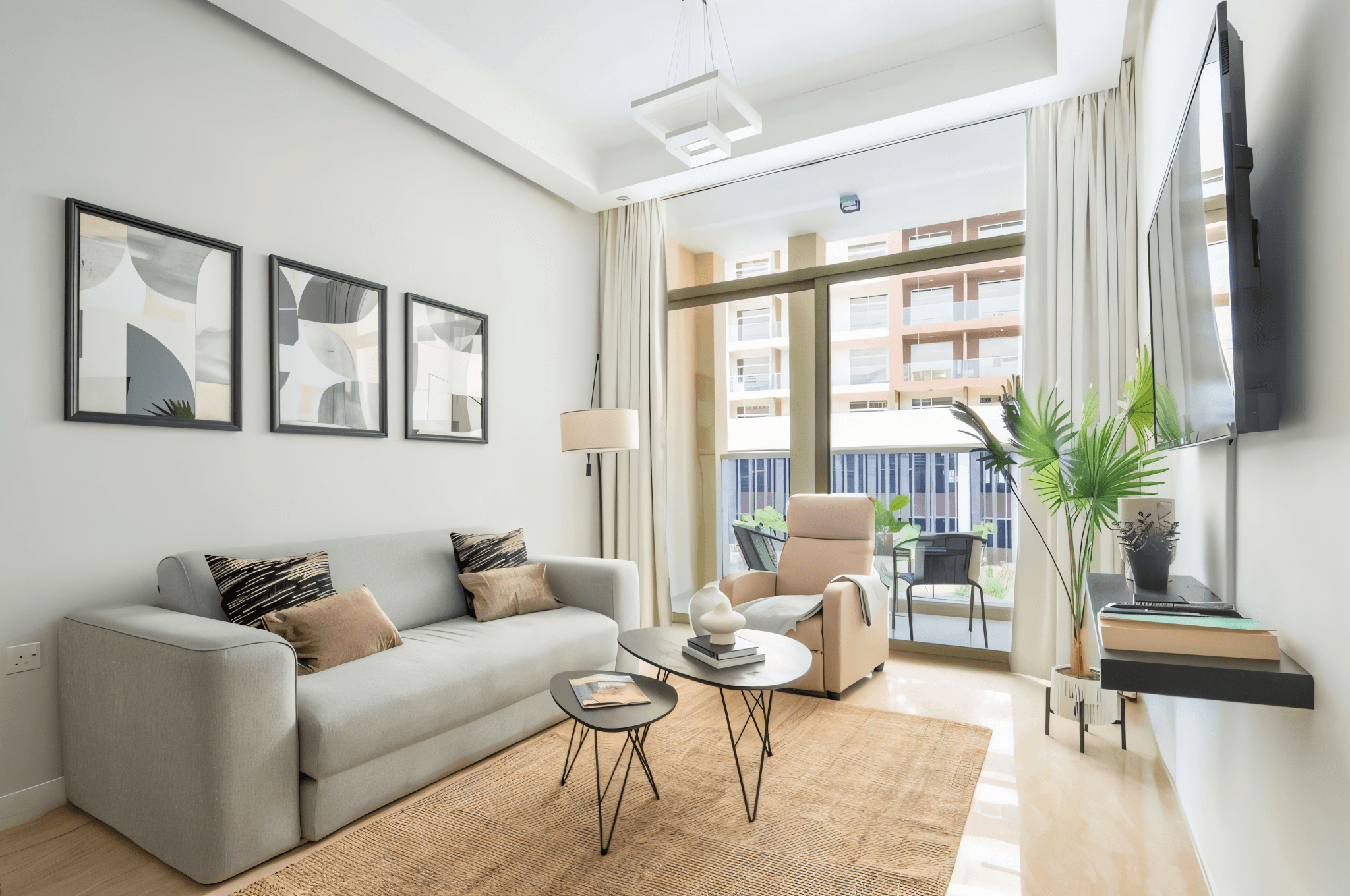 A cozy living room featuring a couch, coffee table, and television, set in the Samana Greens community.