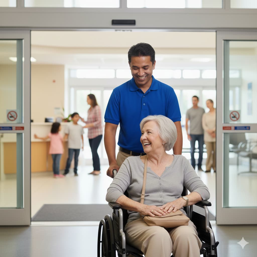 Senior woman in wheelchair being assisted by a caring driver through a medical facility entrance for door-through-door non-emergency medical transportation