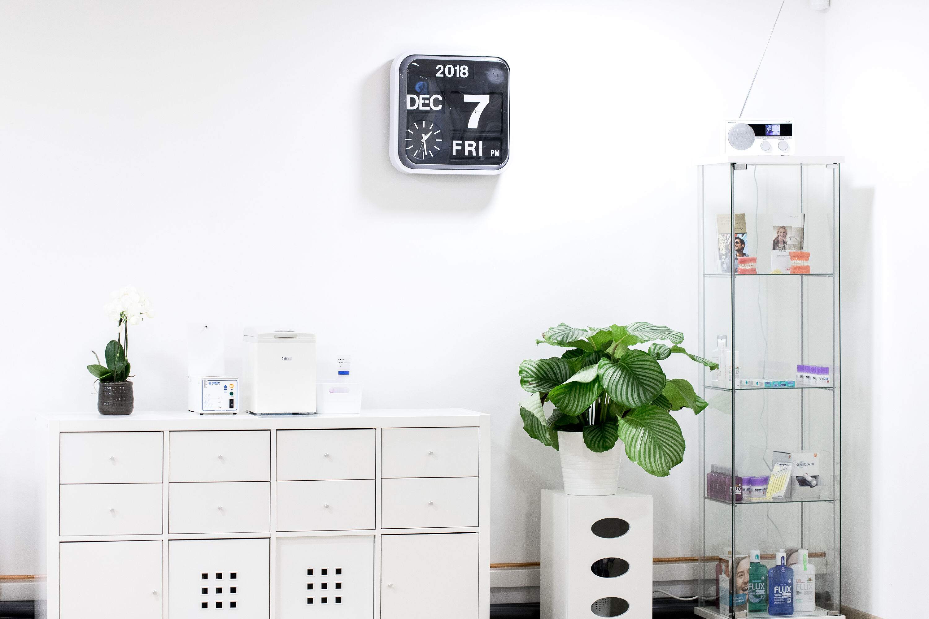 Lyst og moderne venterom hos Haugenstua Tannlegesenter i Oslo, med planter, oppbevaringsmøbler og utstilte tannpleieprodukter.