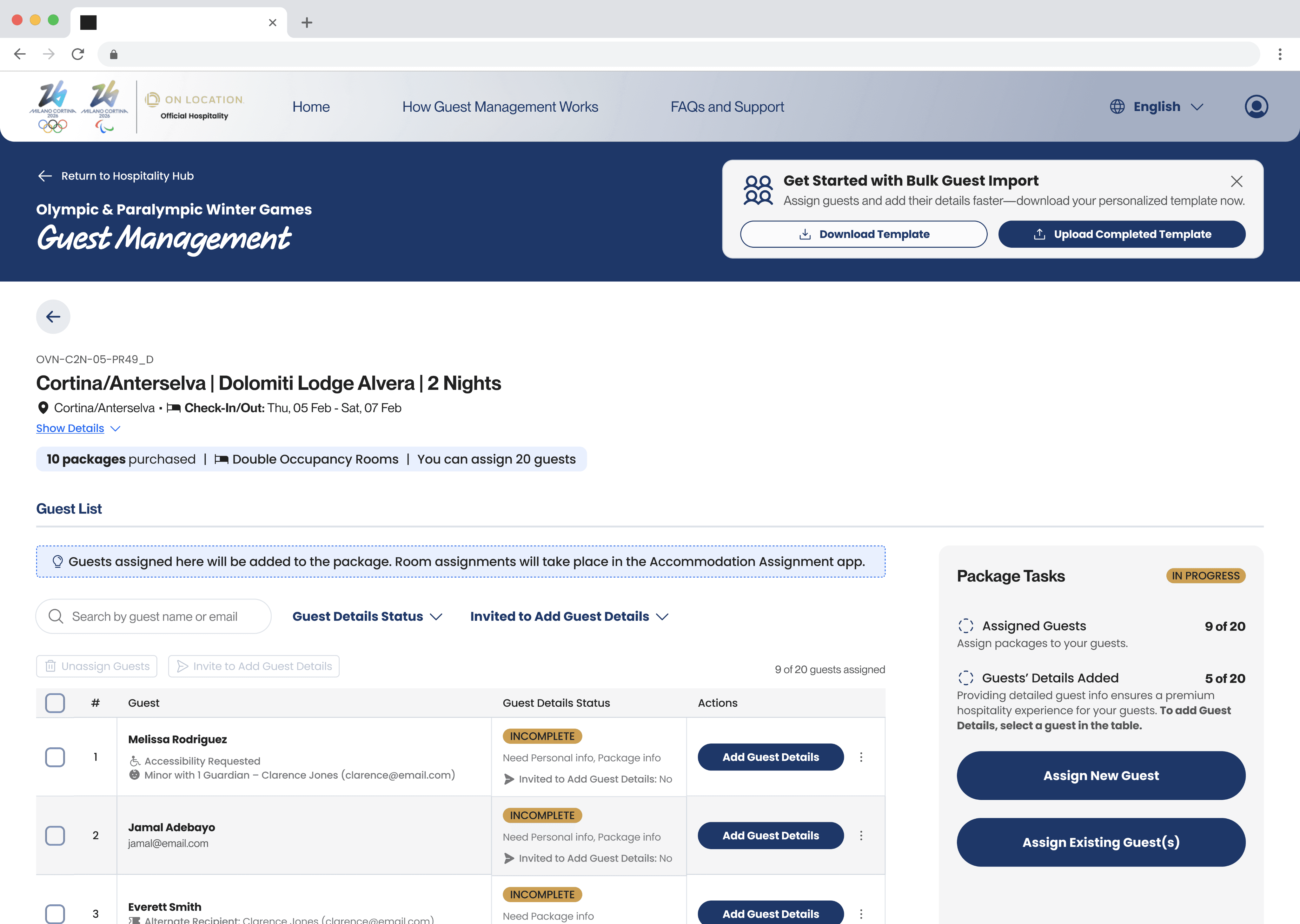 Guest Management Package Details page