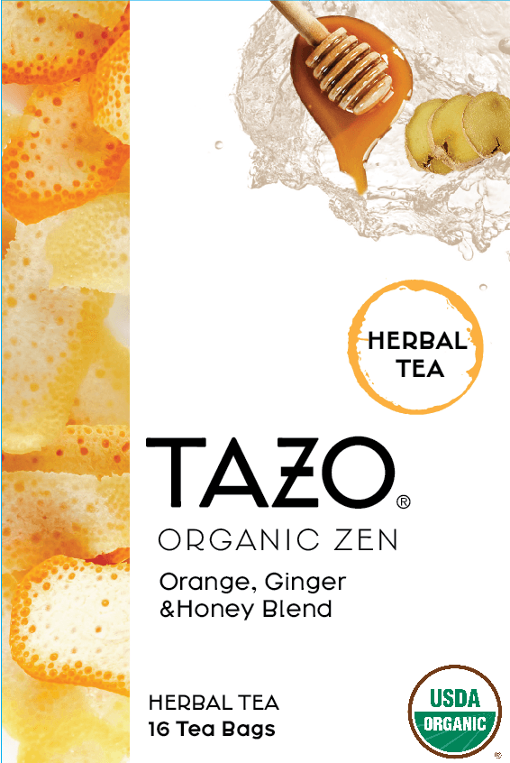 a tazo tea label inscribed with "tazo organic zen, orange ginger & honey blend". 