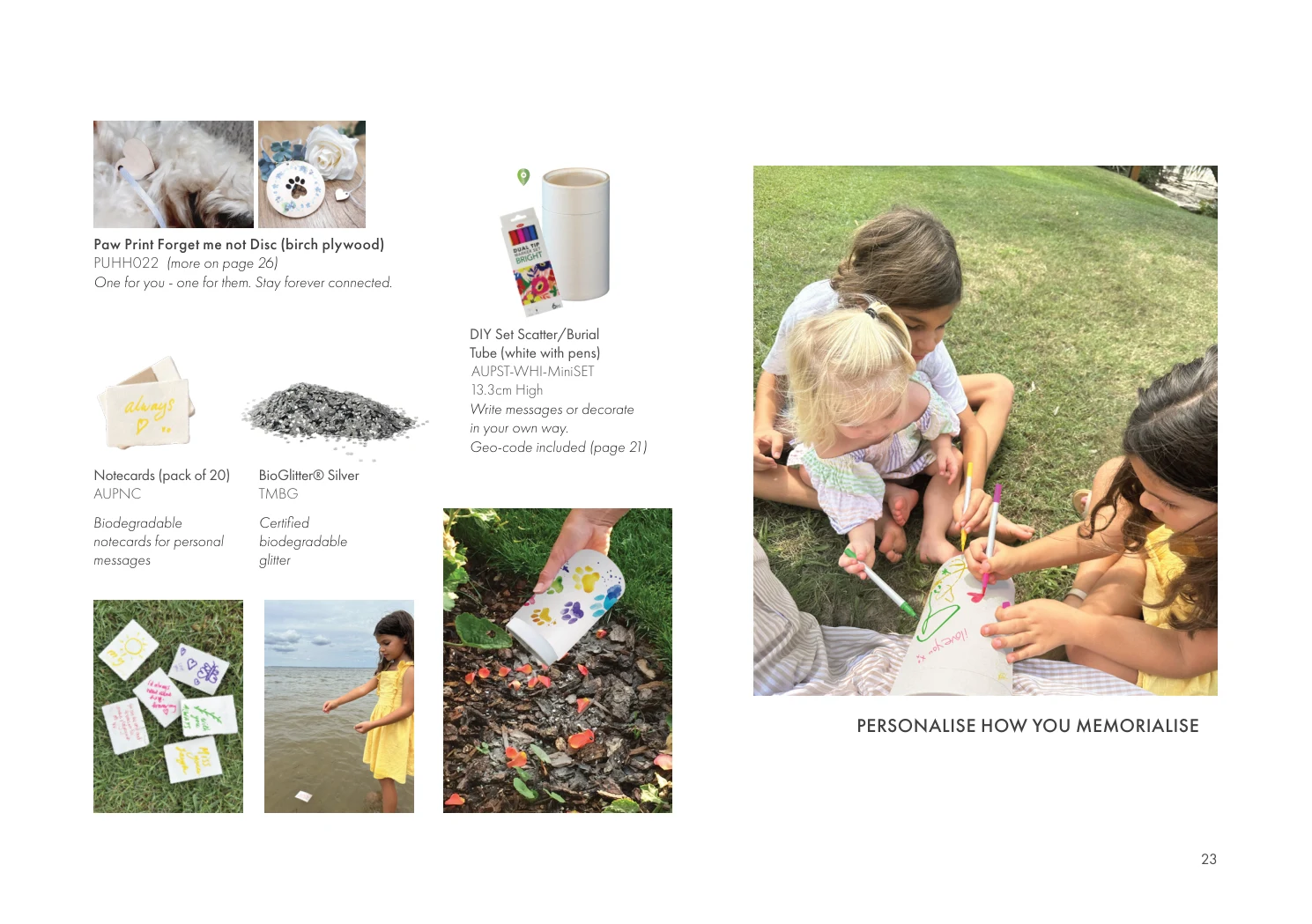 Farewell Keepsakes & Bioglitter – product details and codes