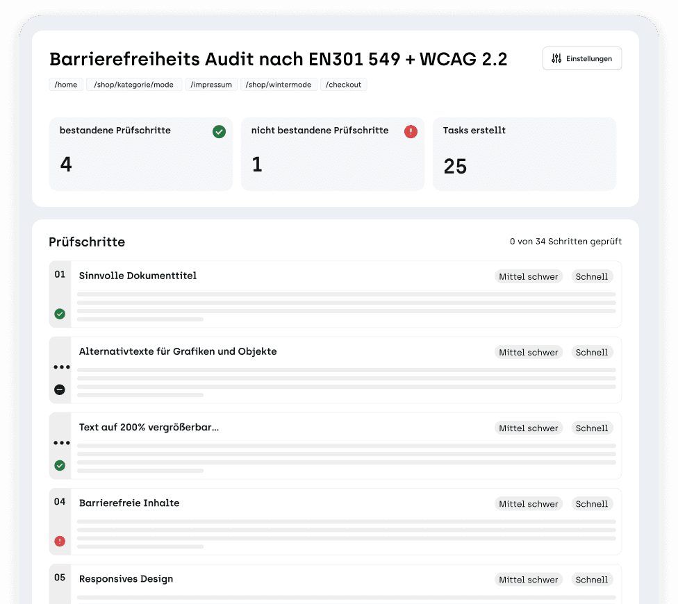 Mockup des Accessibility Centers, das den Status von Prüfschritten zeigt (welche bestanden und welche nicht ) sowie erstellte Kommentare zu den Problem-Bereichen