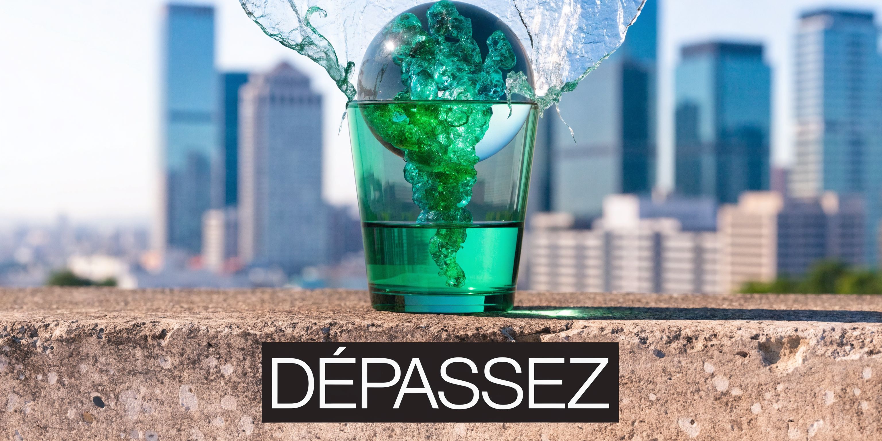 Une sphère en verre plongeant dans un verre d'eau devant un horizon urbain avec le mot DÉPASSEZ.