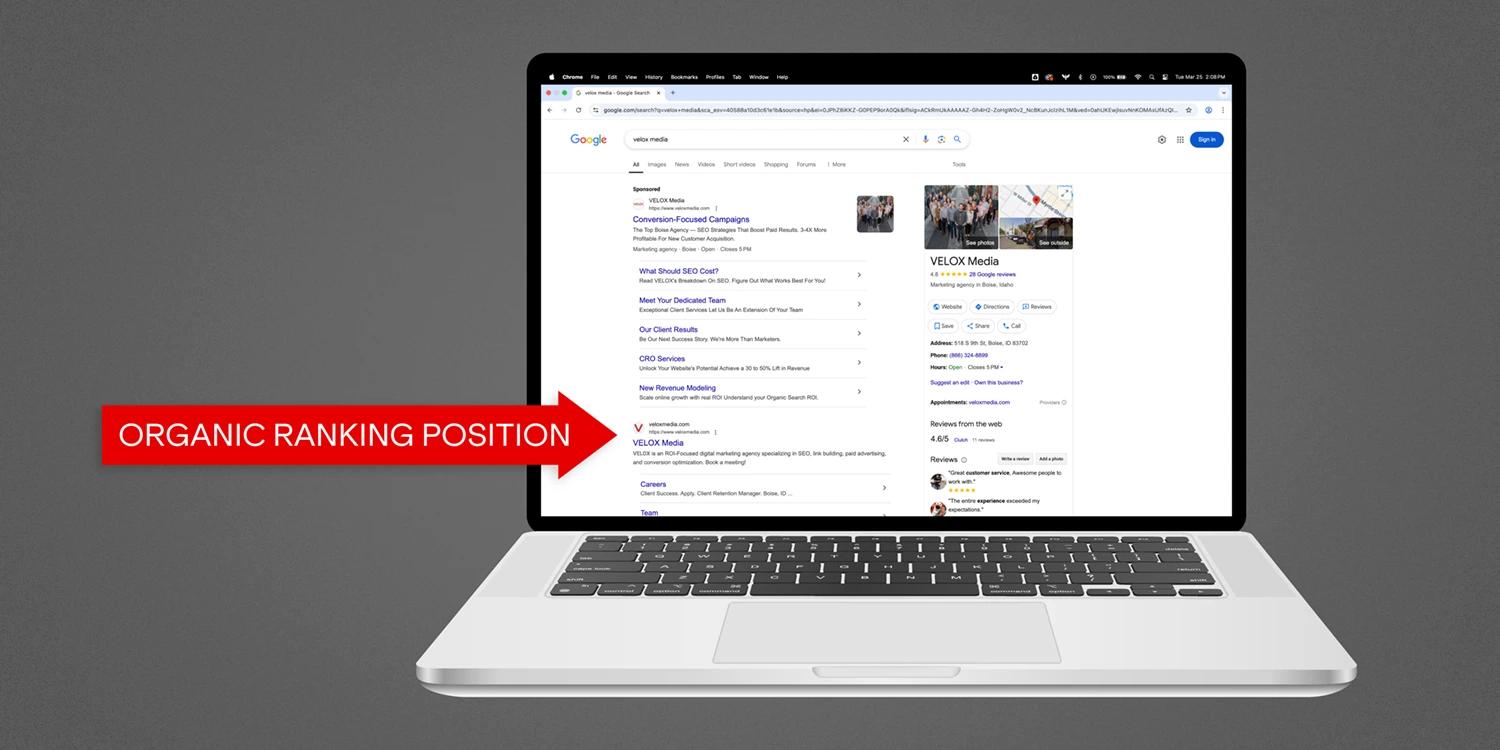 An open laptop with Google results showing VELOX and an arrow that says "Organic Ranking Position" pointing to the screen.