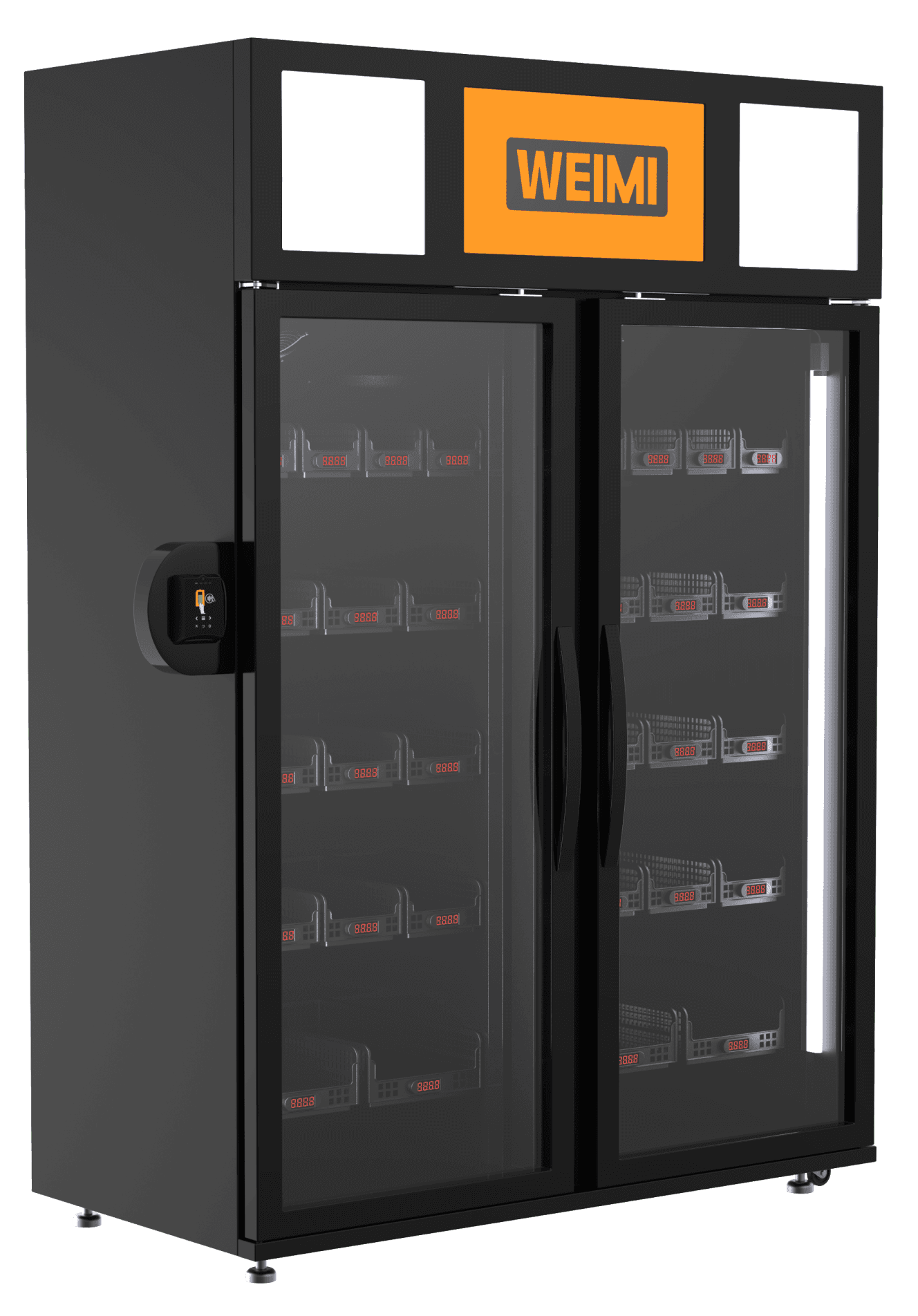 WEIMI viedais divdurvju pašapkalpošanās ledusskapis ar izmēru norādēm — platums 1250 mm, dziļums 680 mm, augstums 2080 mm