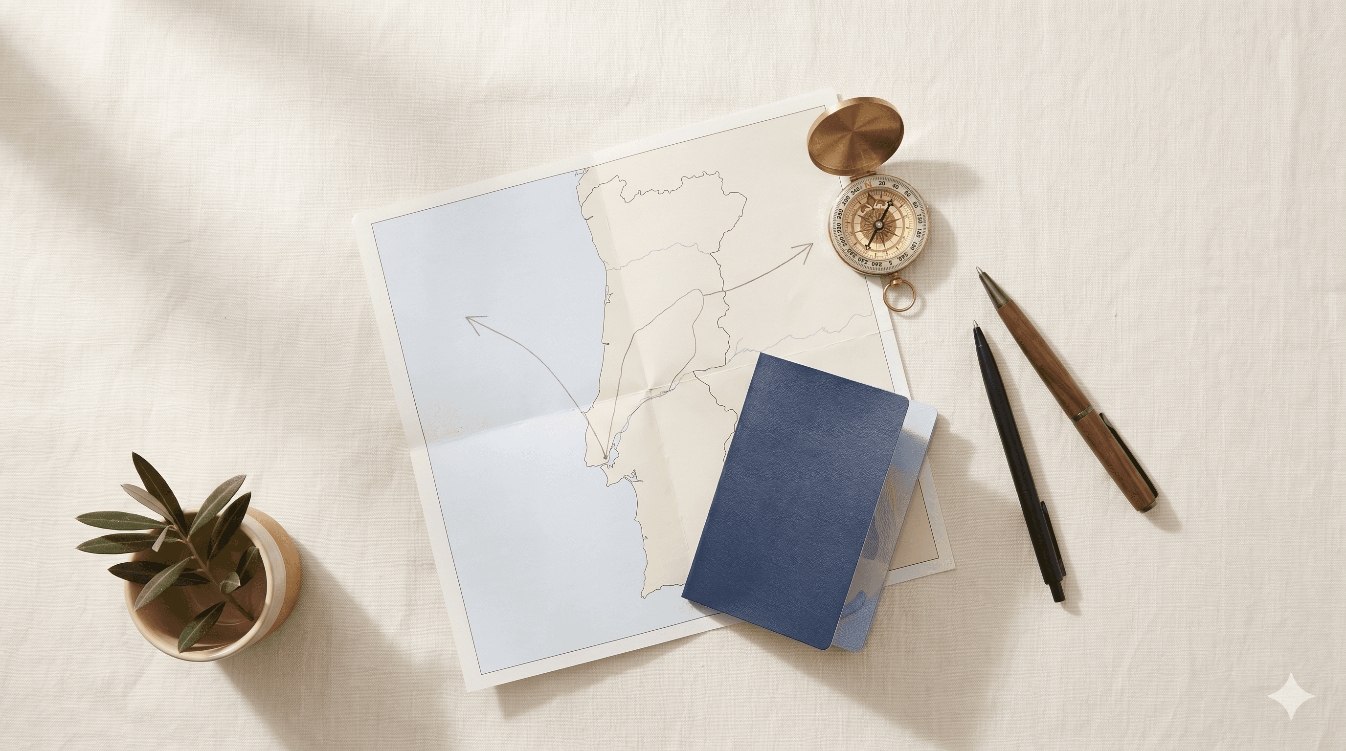 A flat-lay of a map of Portugal with two diverging routes, a brass compass, a US passport, and two pens, representing the choice between the D7 and D8 visa paths.