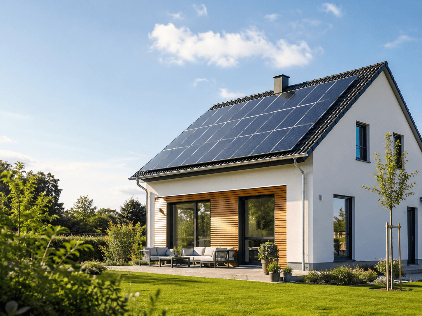 Modernes Einfamilienhaus mit Solaranlage auf dem Dach