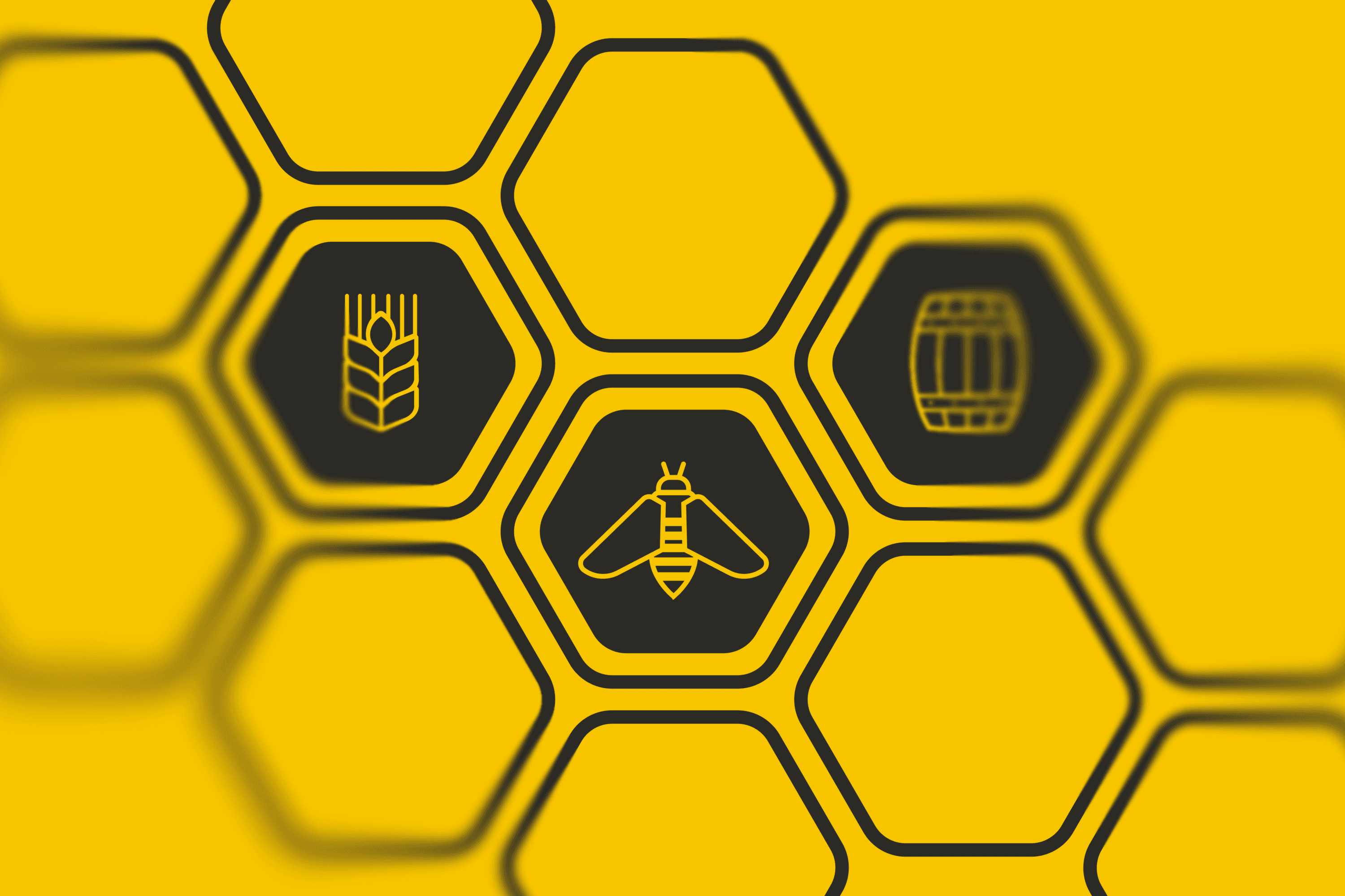 Honeycomb background with icons of wheat, bee, and barrel.