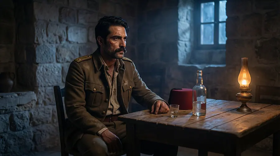 An officer alone at a table with an oil lamp and a bottle