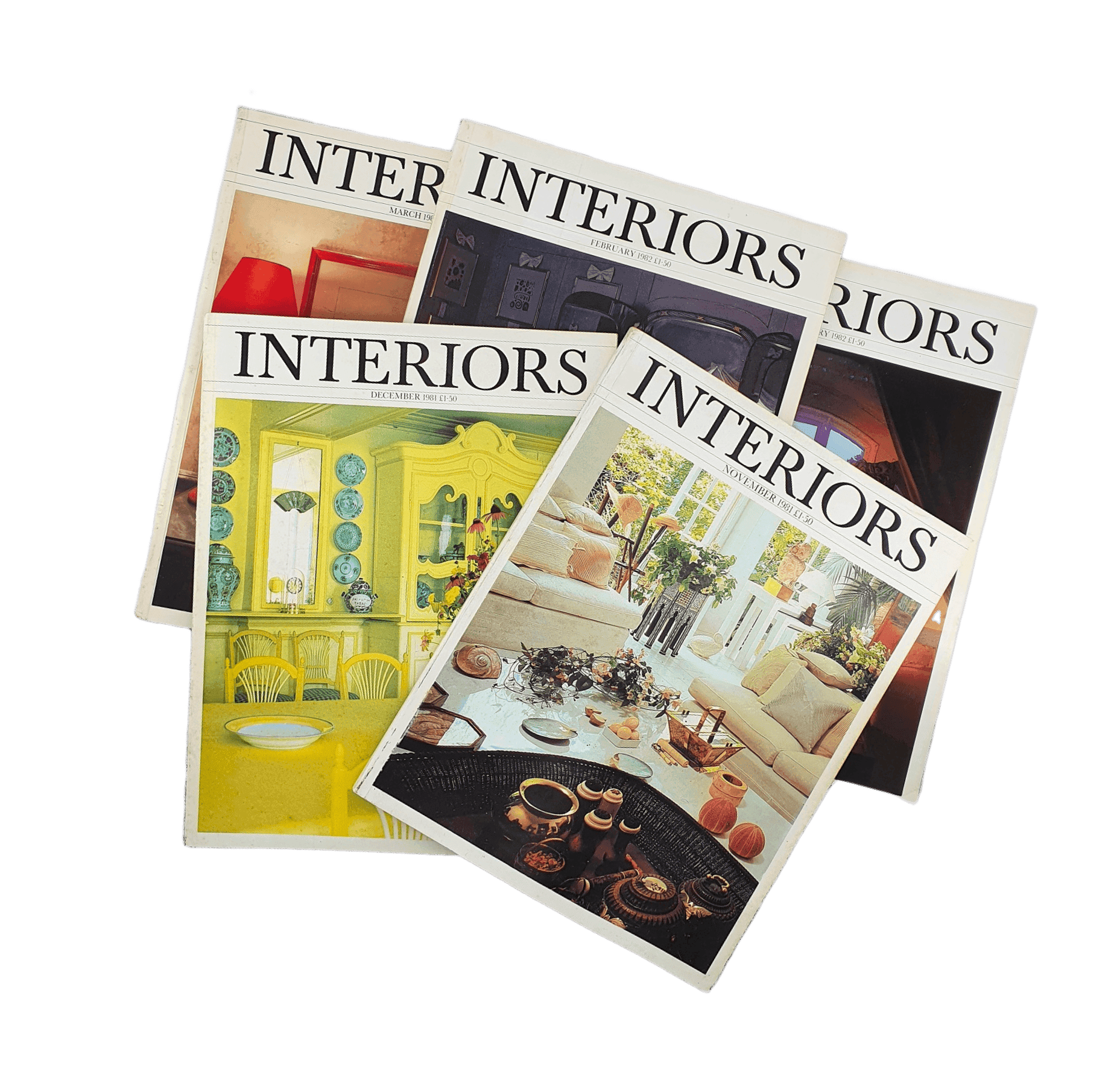 A fan of vintage interior design magazines showcases vibrant cover art with eclectic home settings, featuring cozy living spaces and creative decor arrangements.