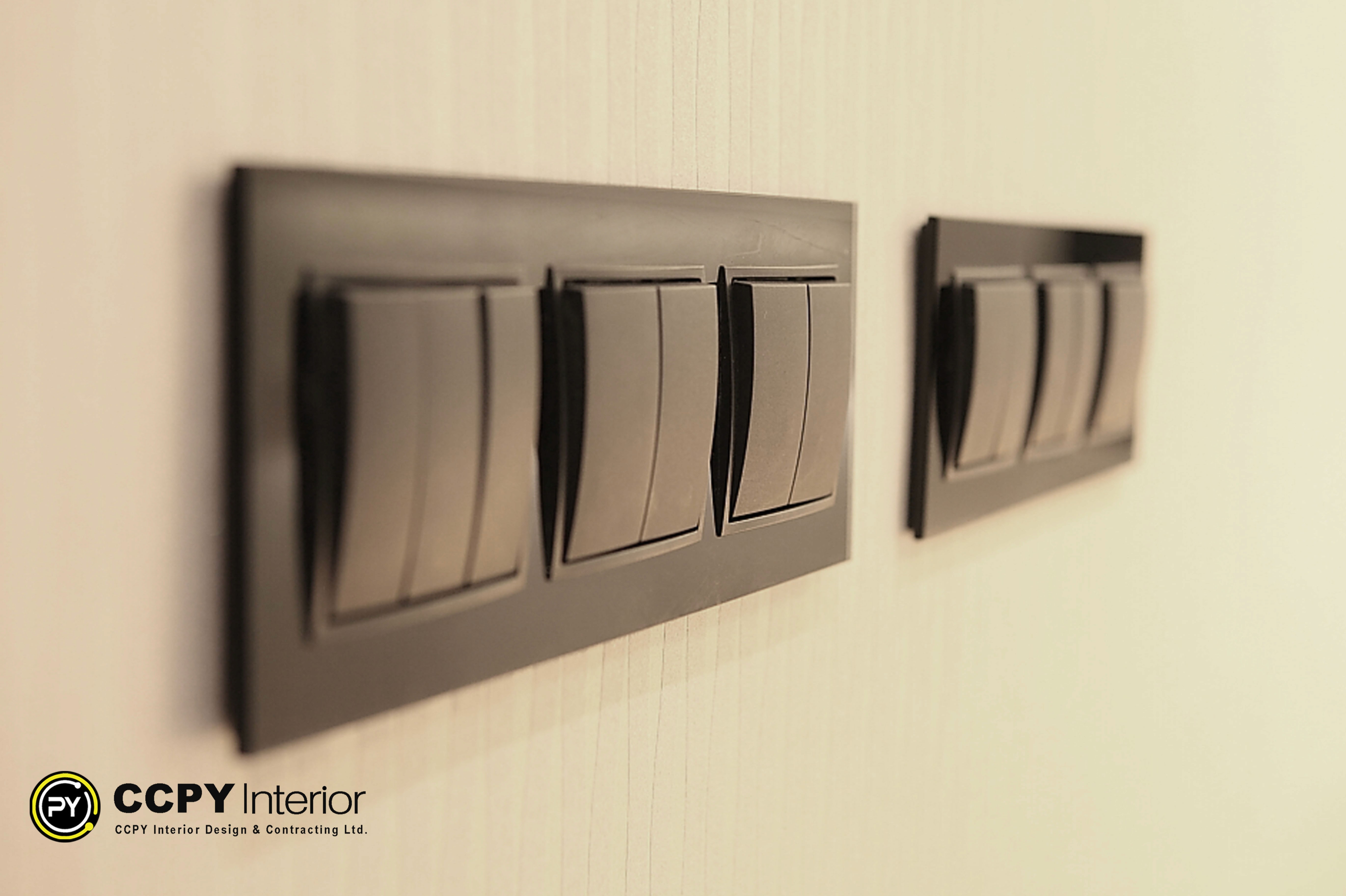 Matte black Lutron Palladiom dimmer keypads installed on a textured Farrow & Ball wall in Standalone House, Perkins Road for seamless smart home ambiance control.