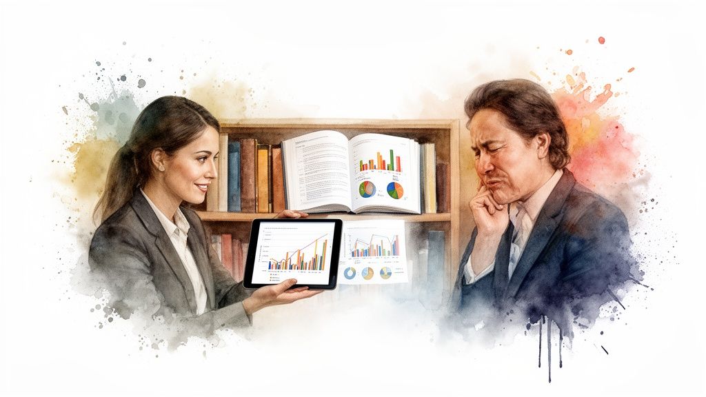 A confident woman presents business intelligence data on a tablet to a man reacting negatively.