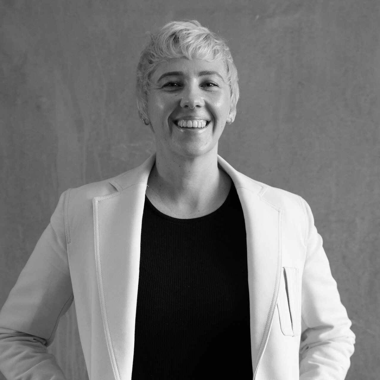 A black and white image of Becky Charlton