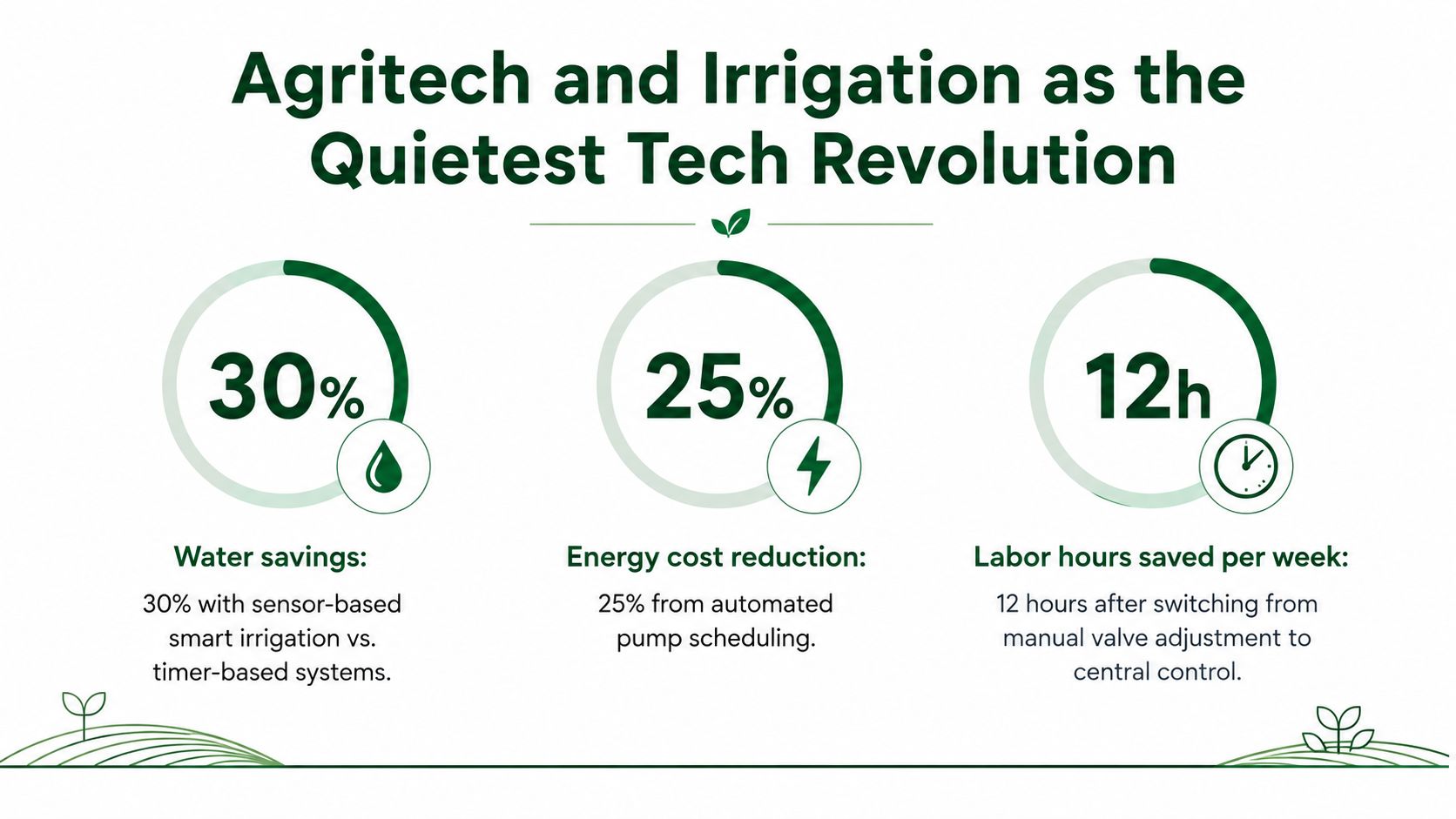 An infographic showing water, energy, and labor time savings from using smart agritech irrigation systems.