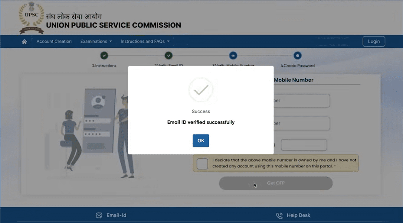 UPSC email ID verified successfully confirmation message on account creation portal