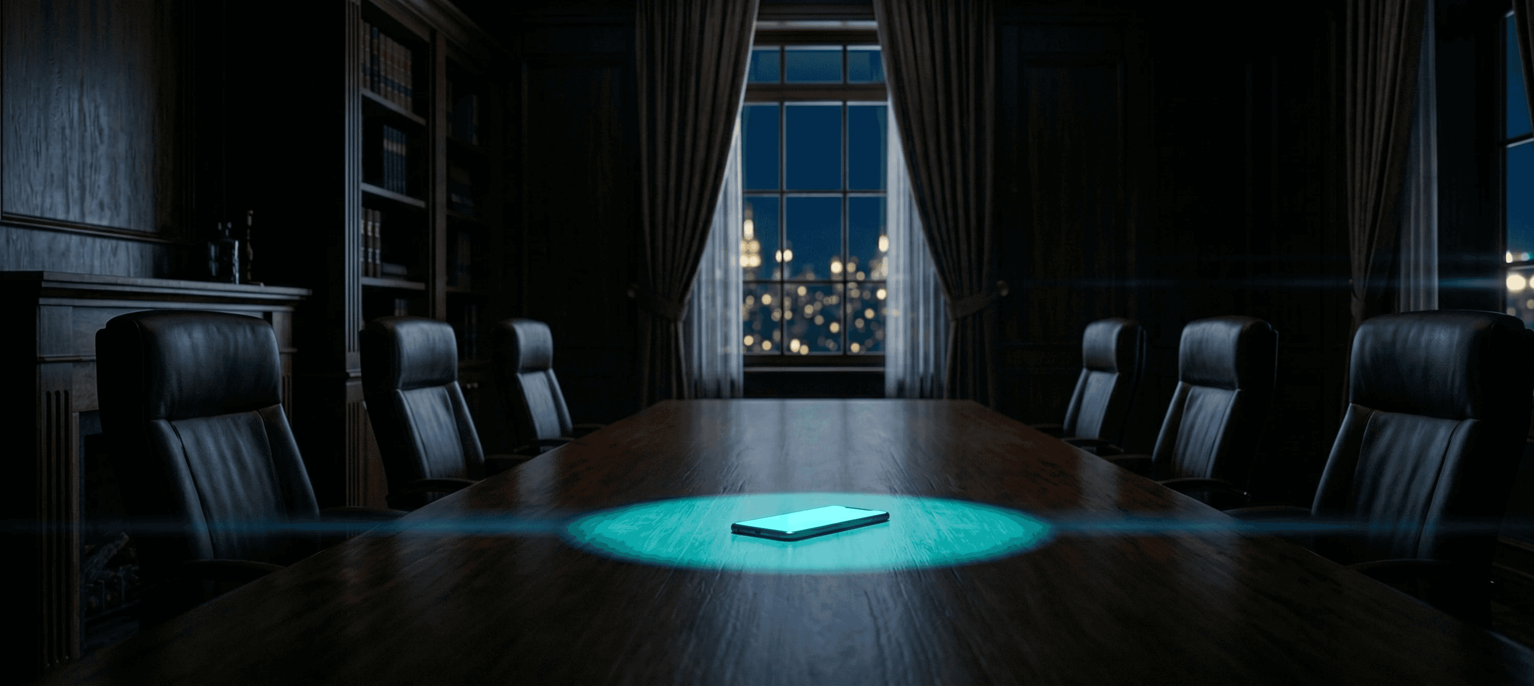 Dark law firm conference room at night with phone glowing on empty table — visualises six-figure annual revenue lost to after-hours voicemail.