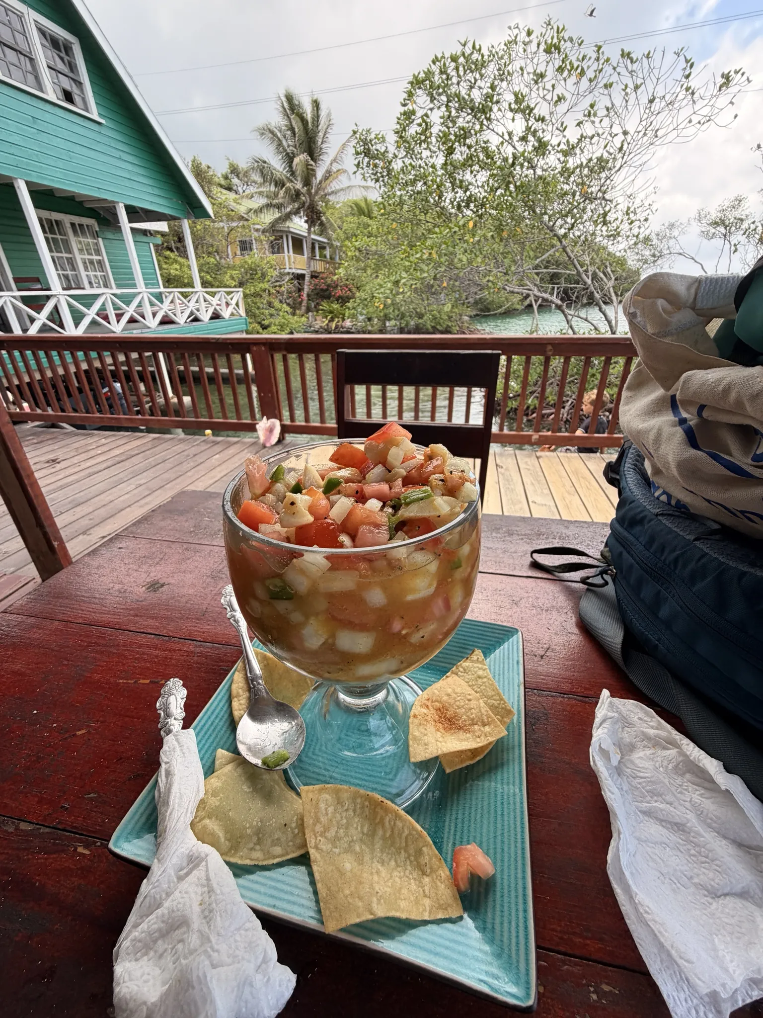 Ceviche served at a table over the water at a restaurant in the Jonesville mangroves, Roatán