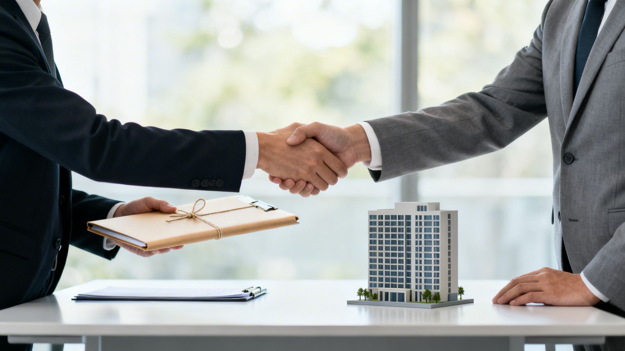Två affärsmän skakar hand över ett bord med ett byggnadsmodell och dokument, symboliserande en affärsuppgörelse.