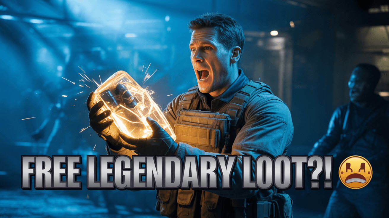 Tactical soldier holding glowing legendary loot in zombie map with FREE LEGENDARY Loot text