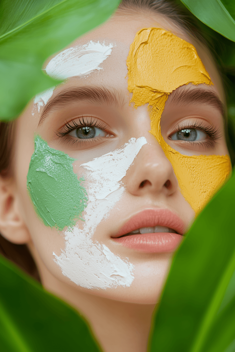 A close-up of a woman's face with colorful facial masks amidst green leaves, conveying a fresh and serene vibe.