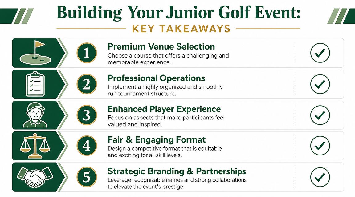 A five-point infographic detailing essential steps for organizing and building a successful junior golf tournament event.