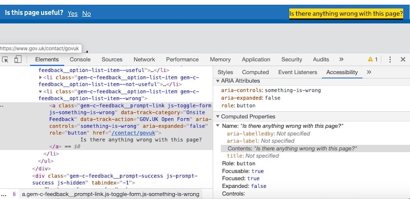 The Accessibility tab of Chrome Developer Tools, showing that the 'Is there something wrong with this page?' link has an aria-controls attribute pointing to the 'something-is-wrong' element, and an aria-expanded attribute set to false.
