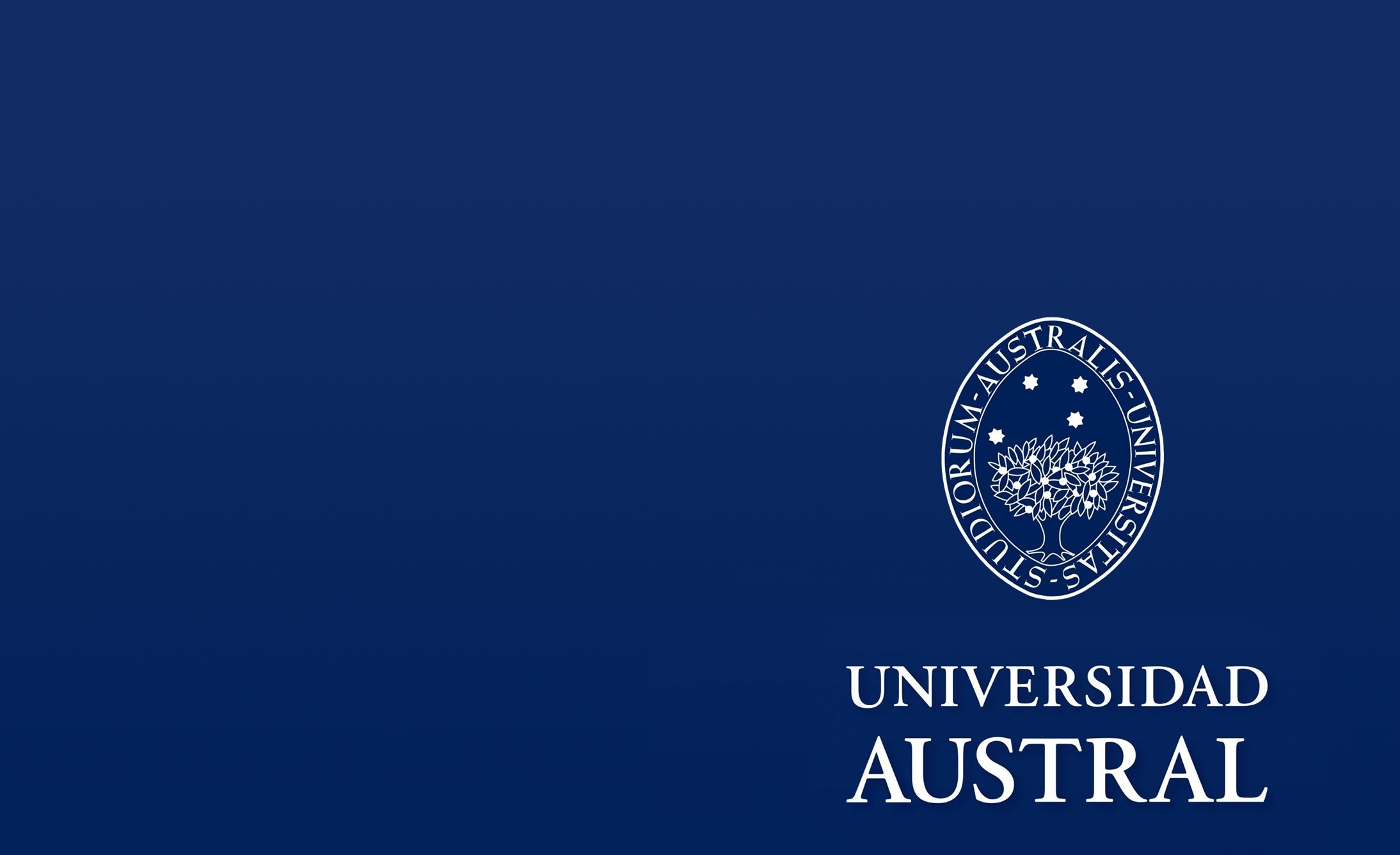 Deep blue background with "Universidad Austral" in bold white text at the bottom right. Above is a white circular emblem with a tree and stars design.